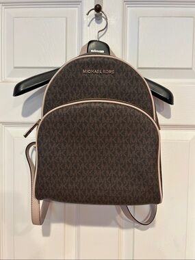 Michael Kors Dark Brown MK Monogram Backpack with Light Pink Trim
